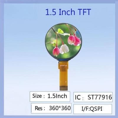 Écran LCD TFT couleur rond de 1,5 pouce, résolution 360x360, circuit intégré de pilote ST77916, haute définition, grand angle de vision pour appareils portables intelligents/projets électroniques DIY/panneaux d'instruments industriels