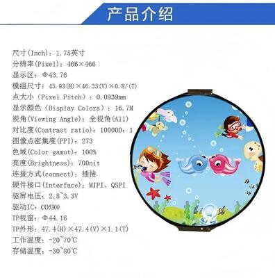 1.75 Inch AMOLED Display Module with 700nit Brightness and 466RGB x 466 Resolution
