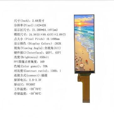 2.68" Transmissive IPS TFT Module,142X428 Resolution,QSPI/SPI Interface, Driving IC NV3007,ALL VIEW,450nit