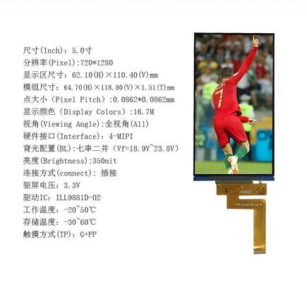 5.0" IPS TFT LCD Module with 720x1280 Resolution, 4-MIPI Interface, and 350nit Brightness